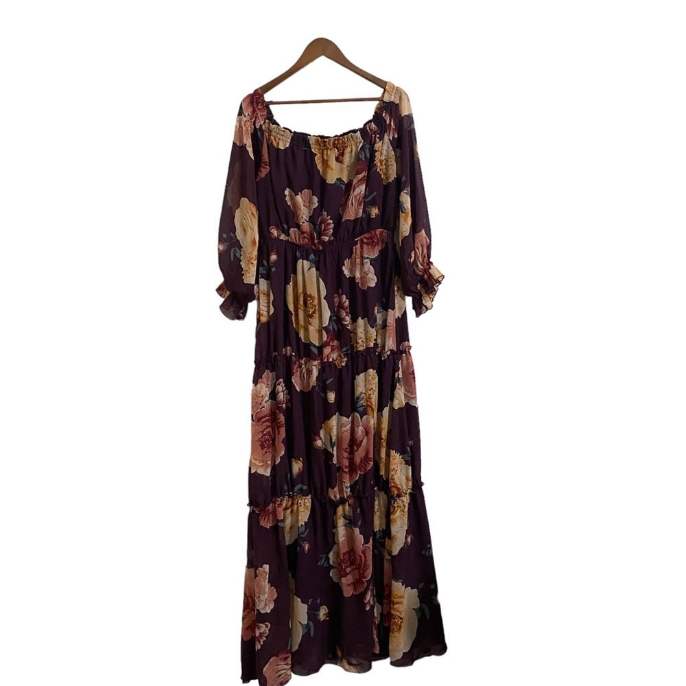 Baltic Born Isabel Eggplant Floral Maxi Dress SZ XXL Off The Shoulder